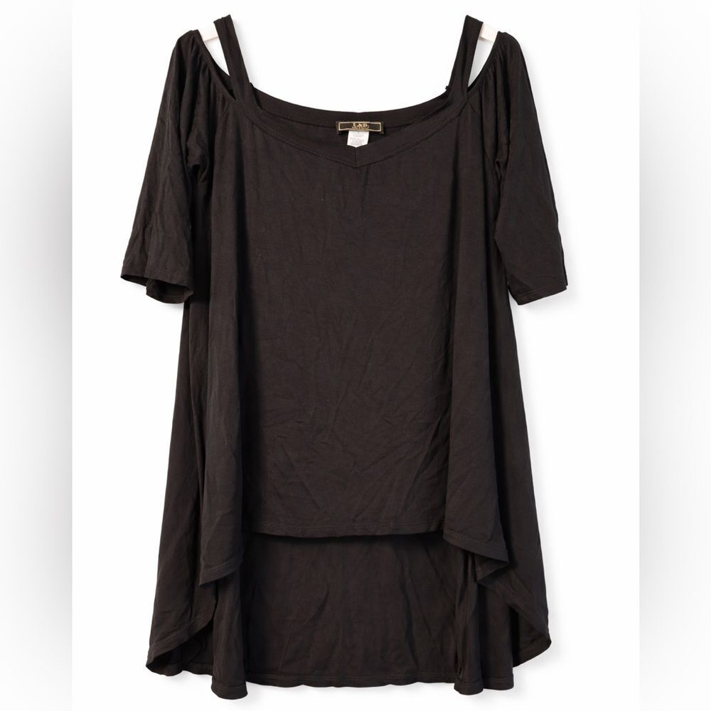 L&B Lucky & Blessed Black Cold Shoulder Tunic Top Hi Lo Women’s size Medium Boho